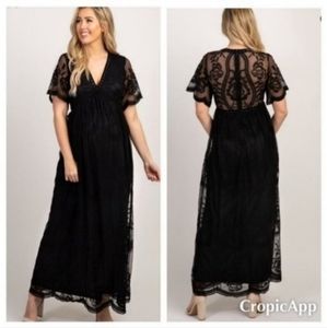 Pinkblush Black Lace Mesh Overlay Sheer Back Maternity Maxi Dress S